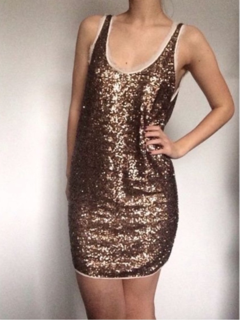 NEW Wilfred Barbizon Sequin Mini Dress 100% Silk Brown Cocktail Party Evening